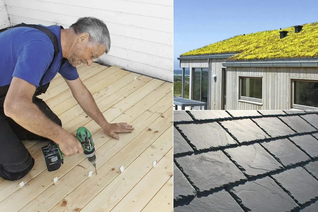 Man bygger altan med trä. Ett hus med grönt tak och skiffertak visar hållbara material.