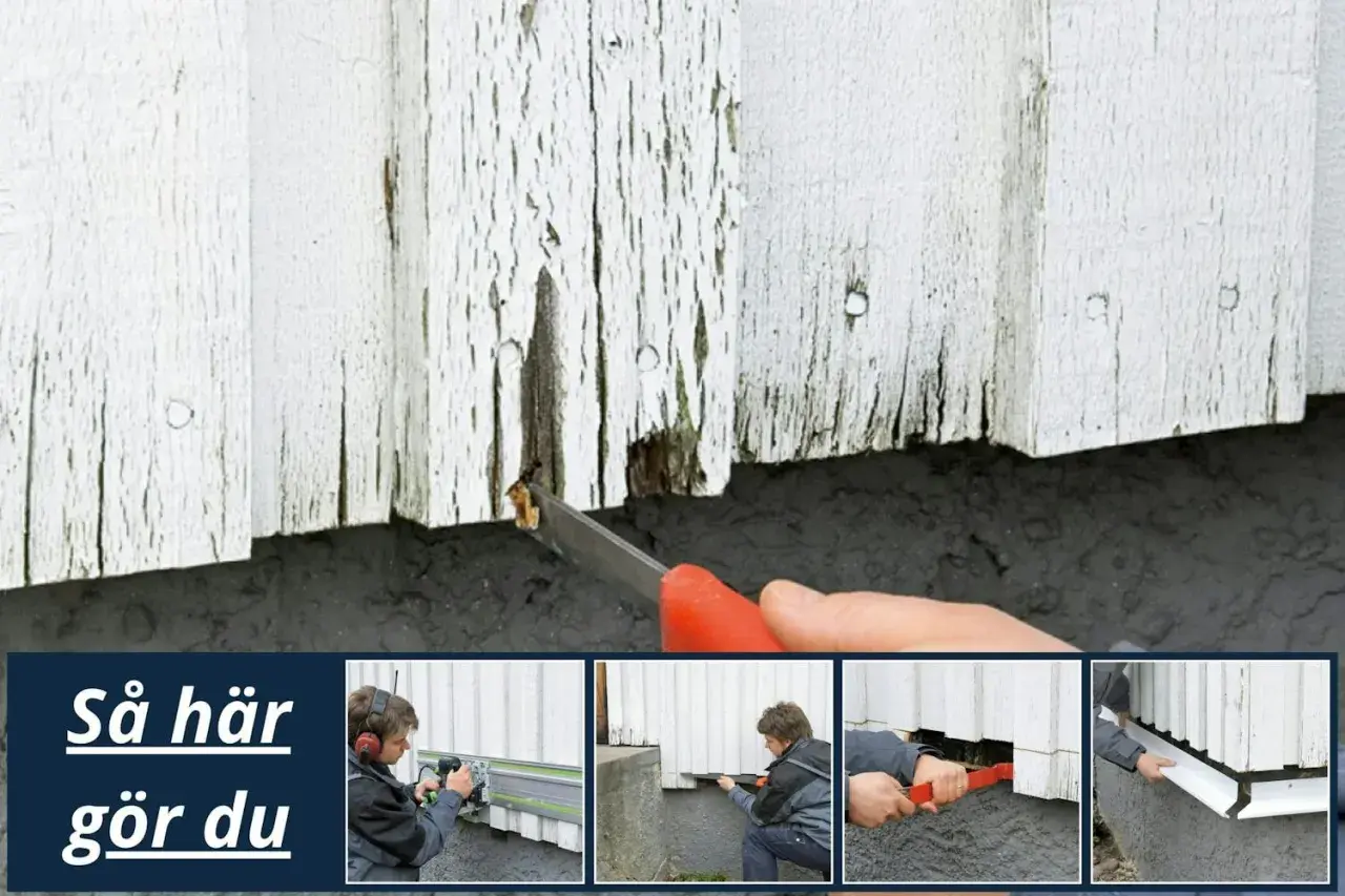 Renovering av ett funkishus från 40-talet. Bilderna visar hur man lagar vittrande träfasad, kapar brädor och monterar ny list.