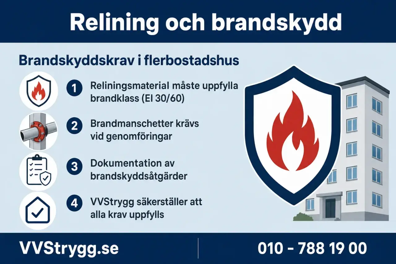 VVStrygg om msb brandskydd i flerbostadshus: krav på reliningmaterial, brandmanschetter, dokumentation och att alla krav uppfylls.