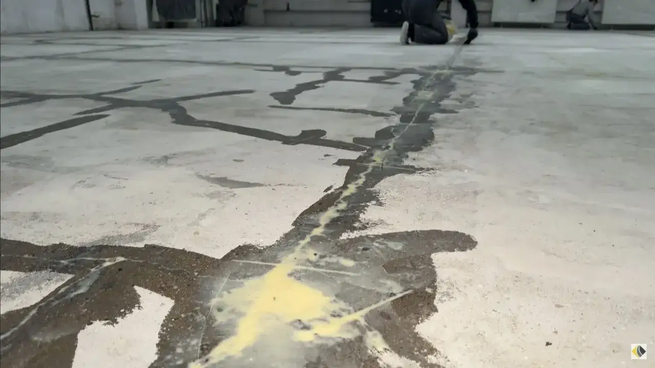 Arbetare reparerar sprickor i ett betonggolv med en gulaktig fogmassa. Slite cement repareras.