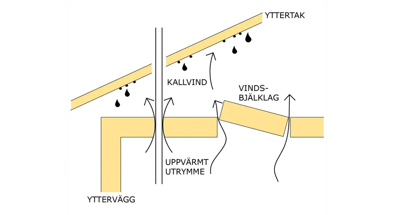 Illustration av en parallelltak riskkonstruktion med kallvind, vindbj&auml;lklag och uppv&auml;rmt utrymme. Vatten droppar fr&aring;n yttertaket.