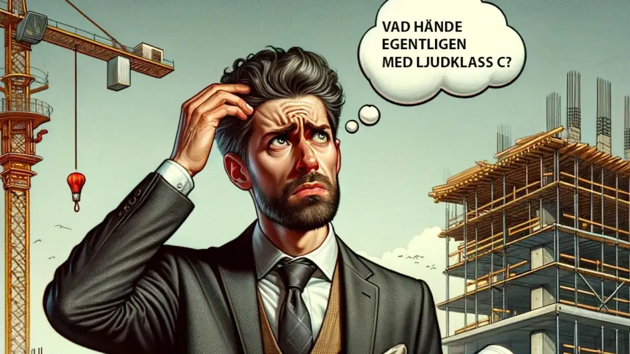 Man med bekymrat ansikte p&aring; byggarbetsplats, funderar: 
