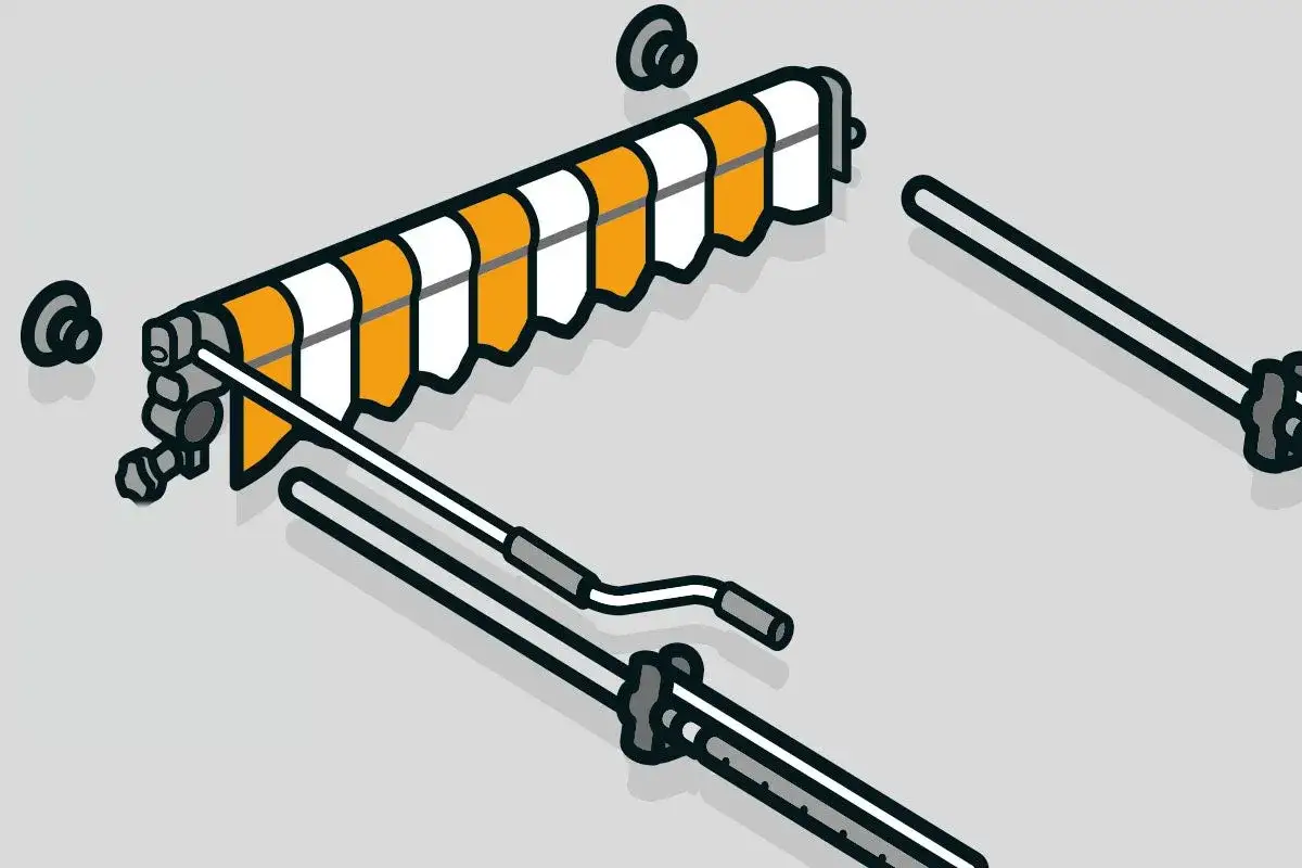 Illustration visar delar för att montera markis, inklusive tyg, armar och fästen.