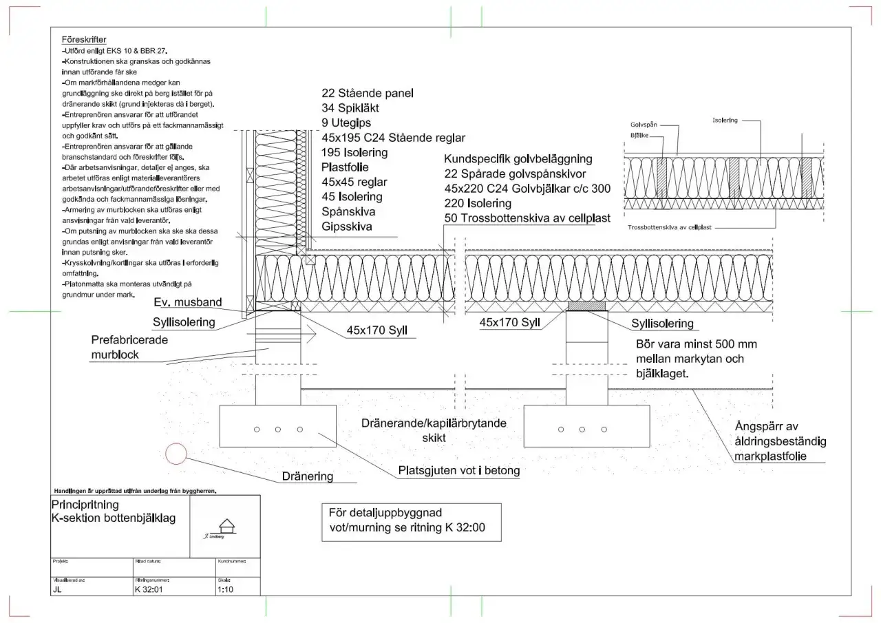 Detaljerad ritning av bottenbj&auml;lklag med isolering och dr&auml;nering, enligt BBR 27. BBR konsoliderad.
