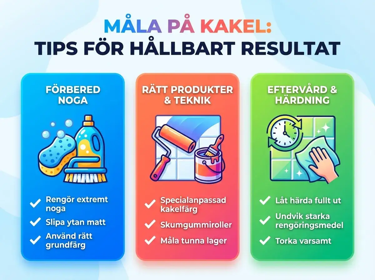 Tips f&ouml;r att m&aring;la p&aring; kakel: f&ouml;rbered noga, anv&auml;nd r&auml;tt produkter och teknik f&ouml;r att m&aring;la tunt, och sk&ouml;t efterv&aring;rd och h&auml;rdning.