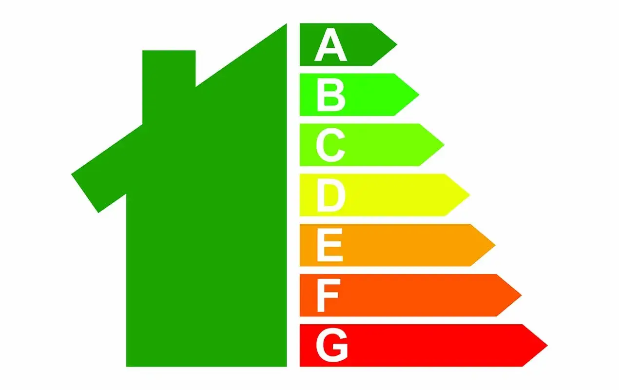 Gr&ouml;n husikon bredvid energiklasser A-G, som visar energikrav bbr 29.