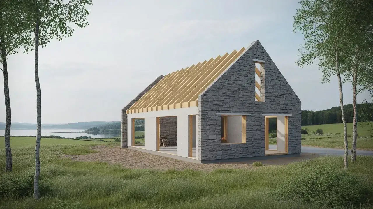 Ett modernt betong hus i stenfasad, under uppbyggnad, med synliga takbj&auml;lkar. Vacker sj&ouml;utsikt i bakgrunden.