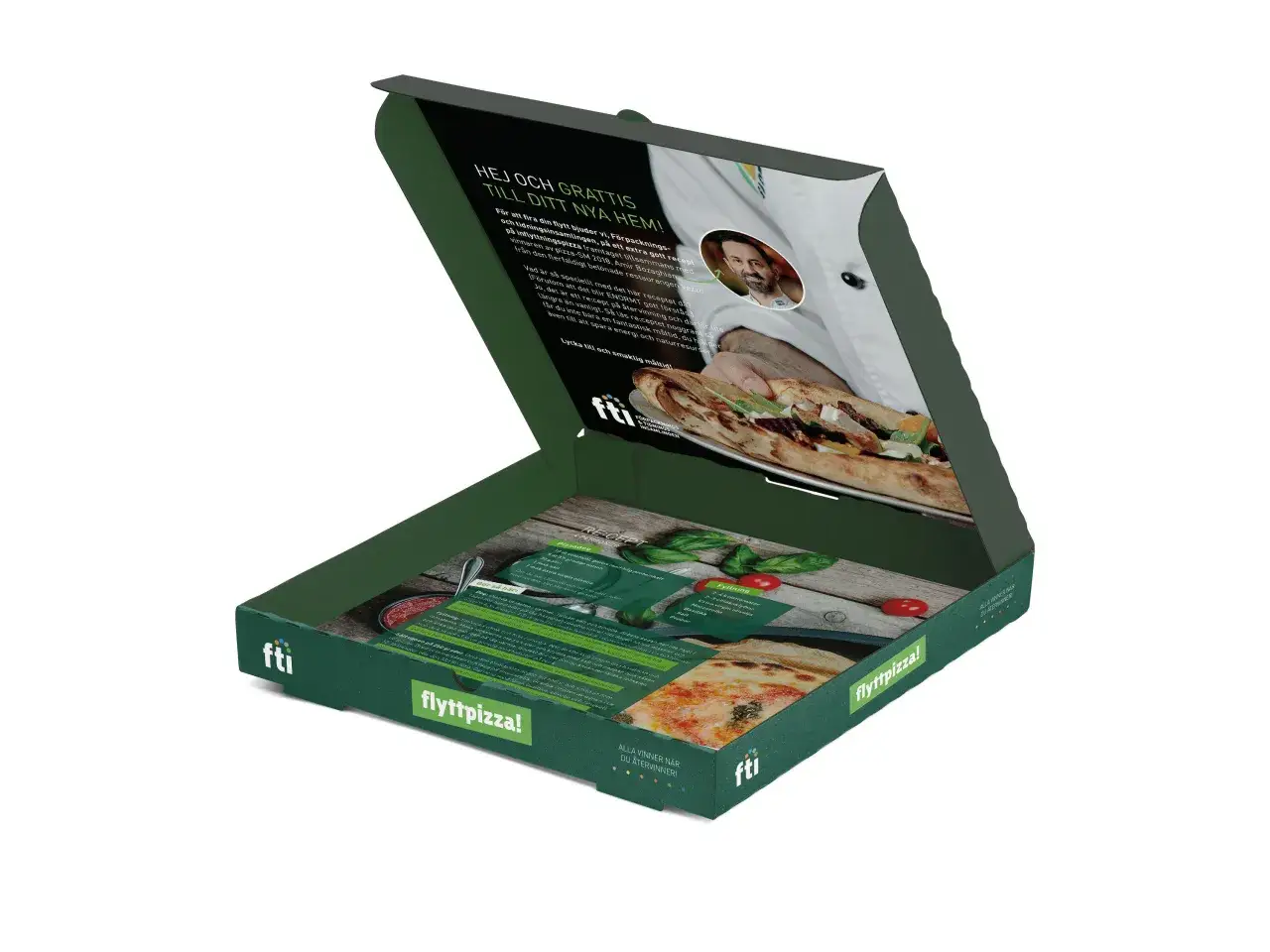En gr&ouml;n pizzakartong med texten 