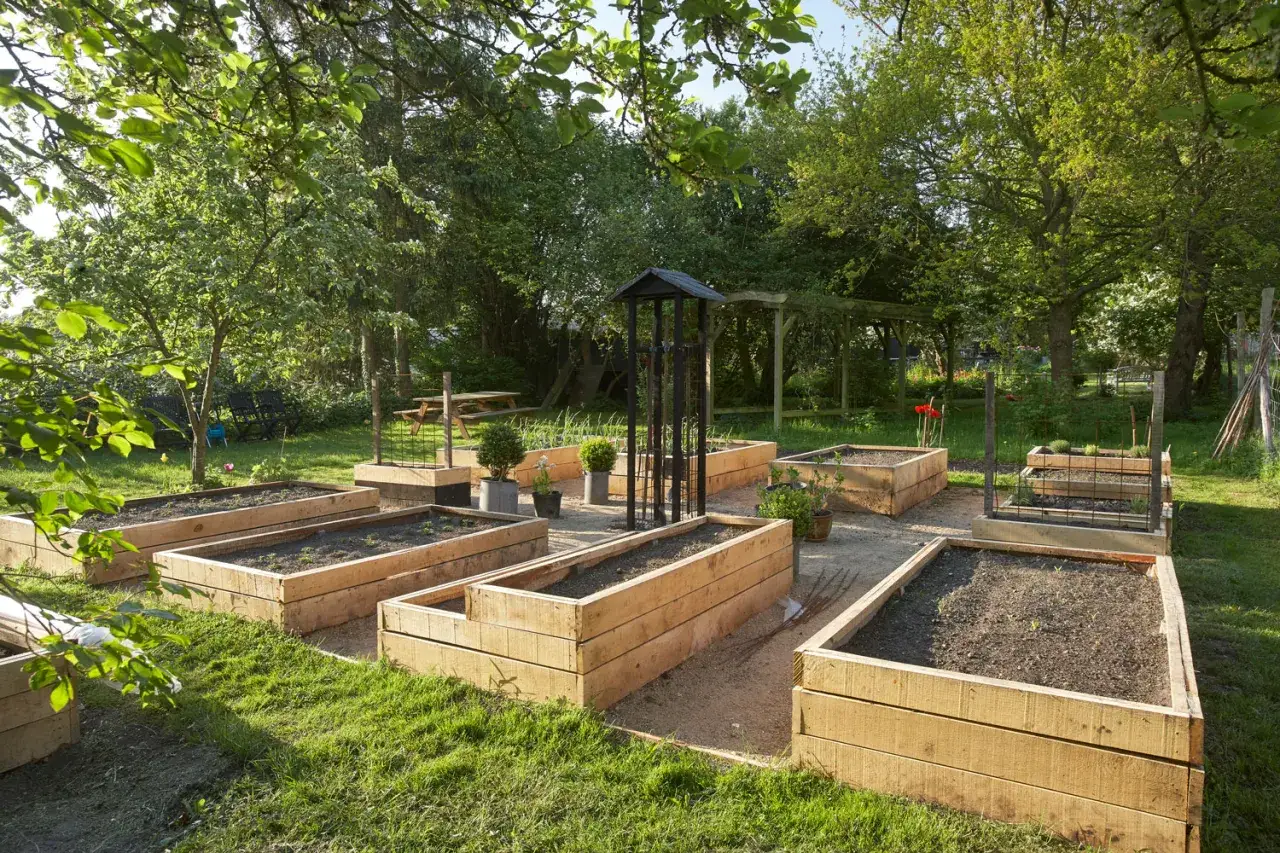 En vacker trädgård med flera pallkragar redo för plantering. Perfekt för att bygga egen pallkrage och odla grönsaker.