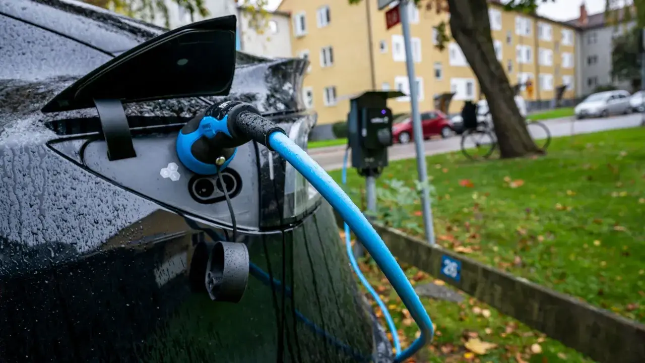 Elbil laddas i regn. En bl&aring; laddkabel ansluten till en svart bil. Bakgrunden visar bostadshus och en cykel, en del av EPBD-direktivets vision f&ouml;r h&aring;llbarhet.