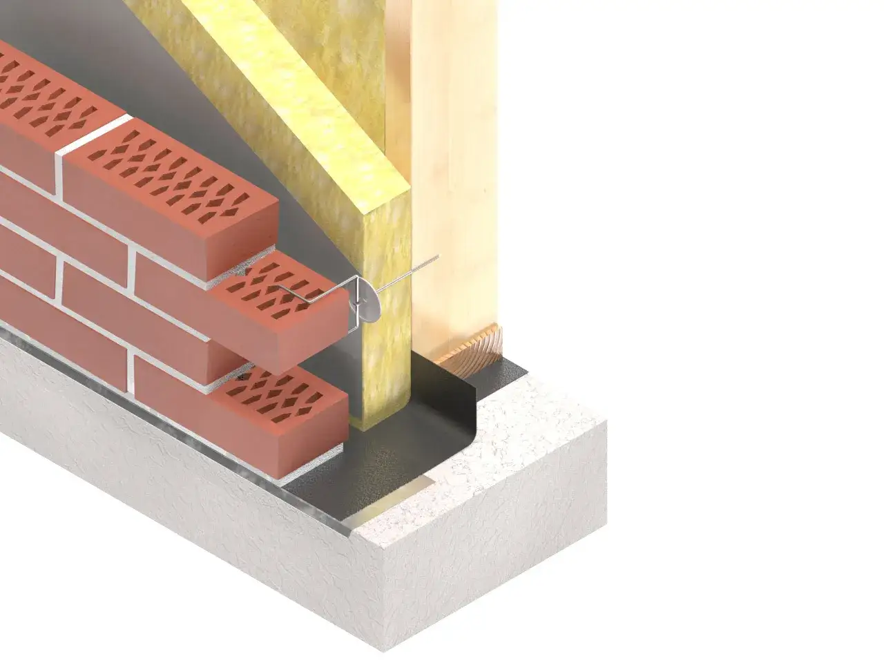 Detaljerad vy av en tegelv&auml;gg med isolering och en kramla som f&auml;ster tegelstenarna vid stommen.