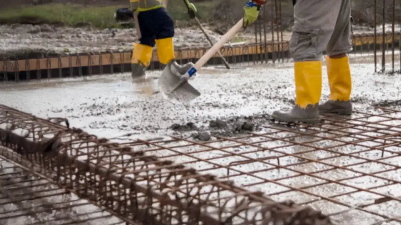 Arbetare i gula st&ouml;vlar gjuter betong i regn. En spade sprider ut cementen &ouml;ver armeringsj&auml;rn.