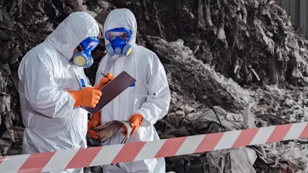 Två personer i skyddsdräkter och gasmasker inspekterar avfall. De följer asbestsanering regler för att säkerställa en trygg miljö.